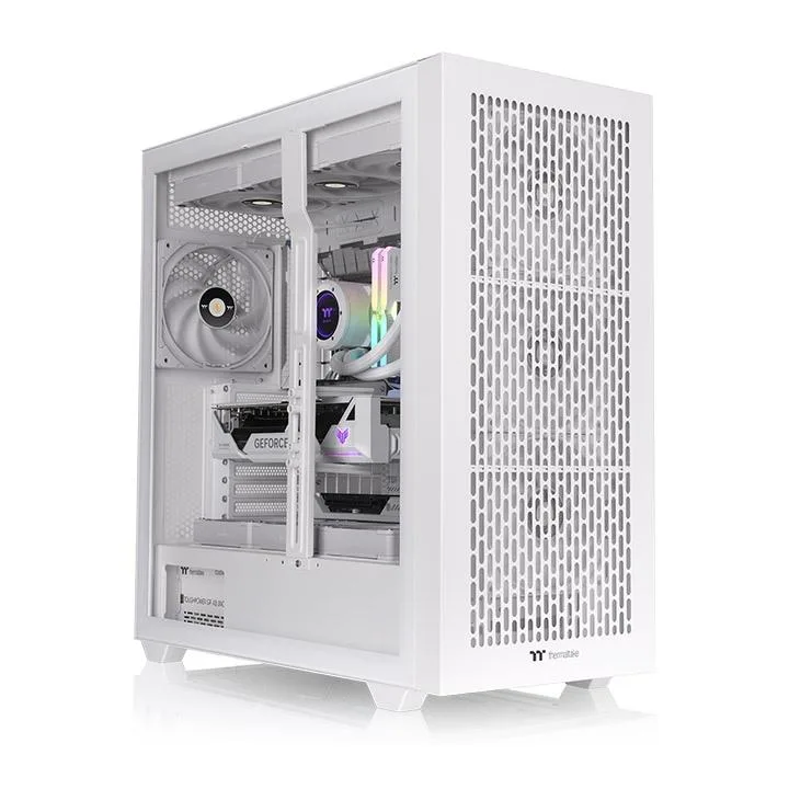 White full-tower chassis with tempered glass side panel and four pre-installed 140mm fans