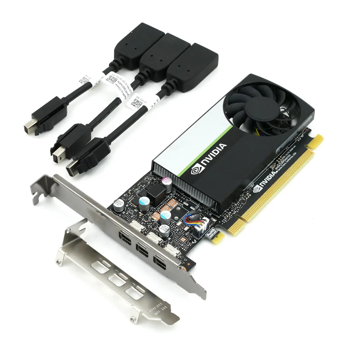 Lenovo T400 graphics card, single-slot, matte black PCB with silver bracket, three mini-DisplayPort outputs