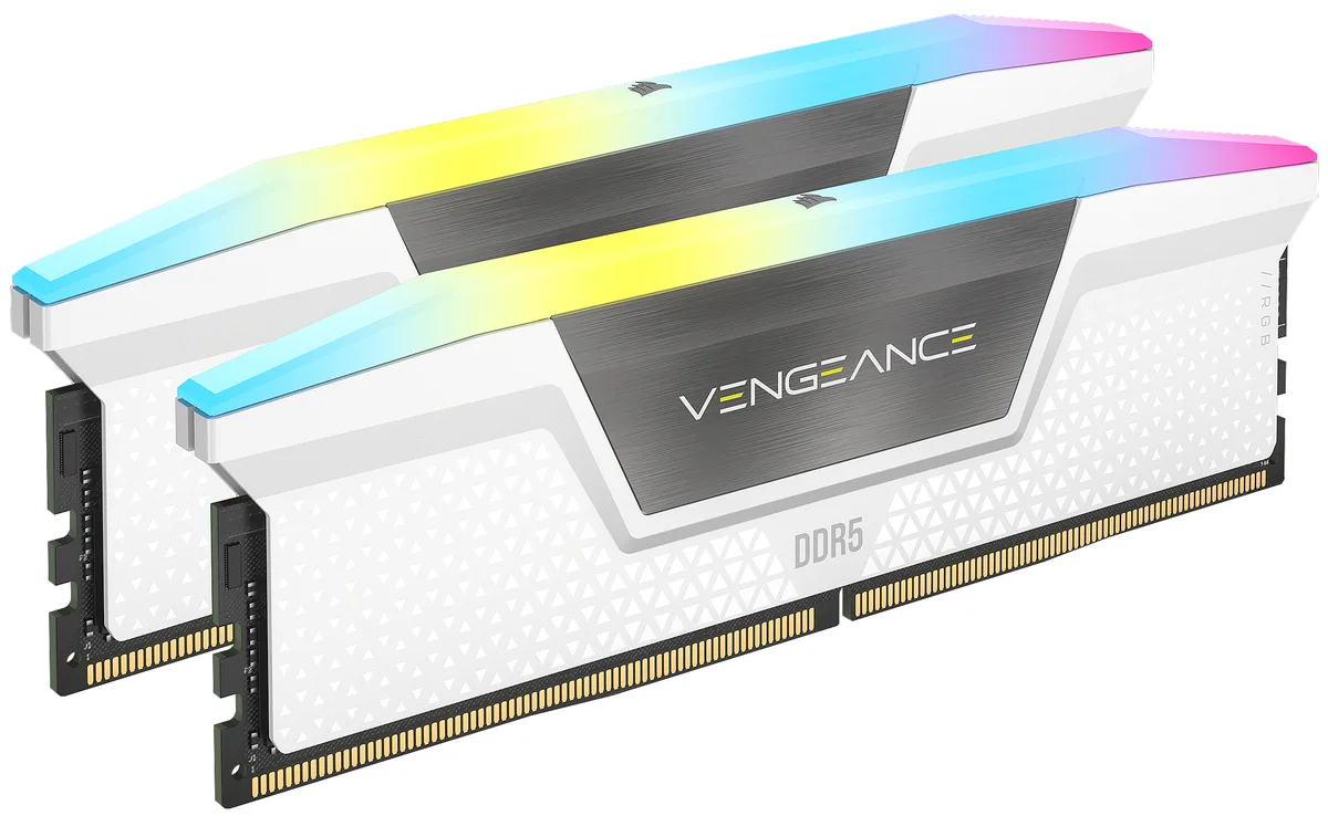 Two white DDR5 memory sticks with RGB light bars