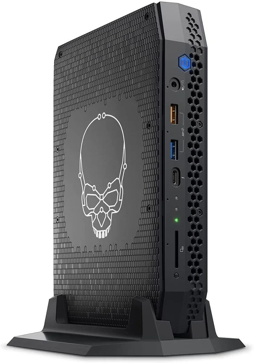 Compact black mini PC barebone with RGB lighting accents, 221 by 142 by 42 mm