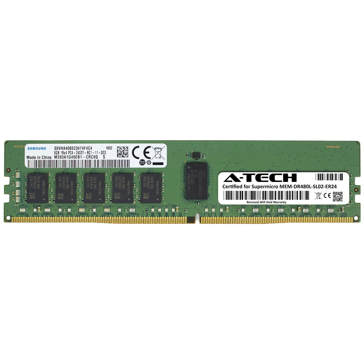 Green 288-pin DDR4 RDIMM module with black chips and silver label