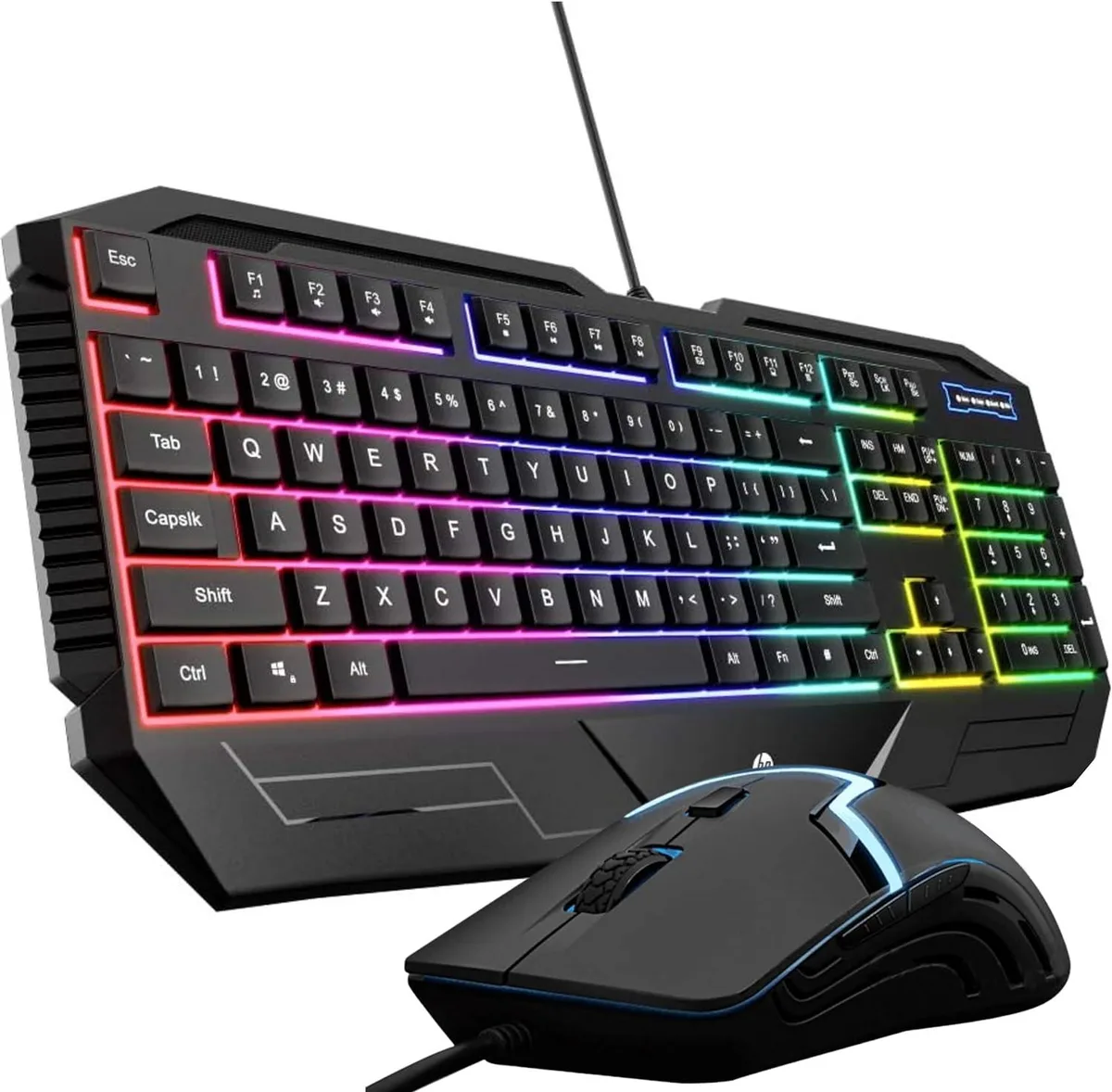 Black wired gaming keyboard and mouse combo with six-colour backlighting