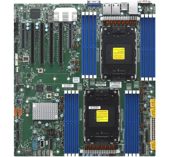Supermicro dual-socket LGA-4677 EATX server motherboard, green PCB with silver sockets and heatsinks
