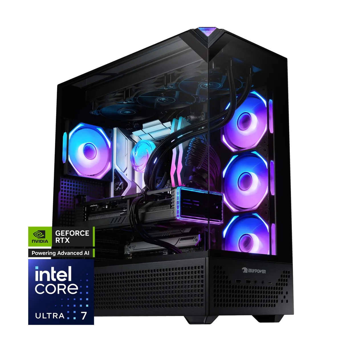 Black mid-tower case with RGB fans and liquid cooling visible through glass side panel