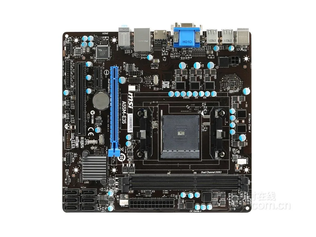 Green Micro ATX motherboard with silver FM2 socket, four black DDR3 slots, blue PCIe x16 slot, white PCIe x1 slot, white PCI slot