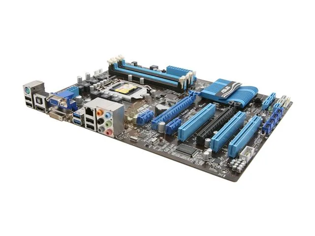 ATX motherboard with black PCB blue slots silver I/O shield