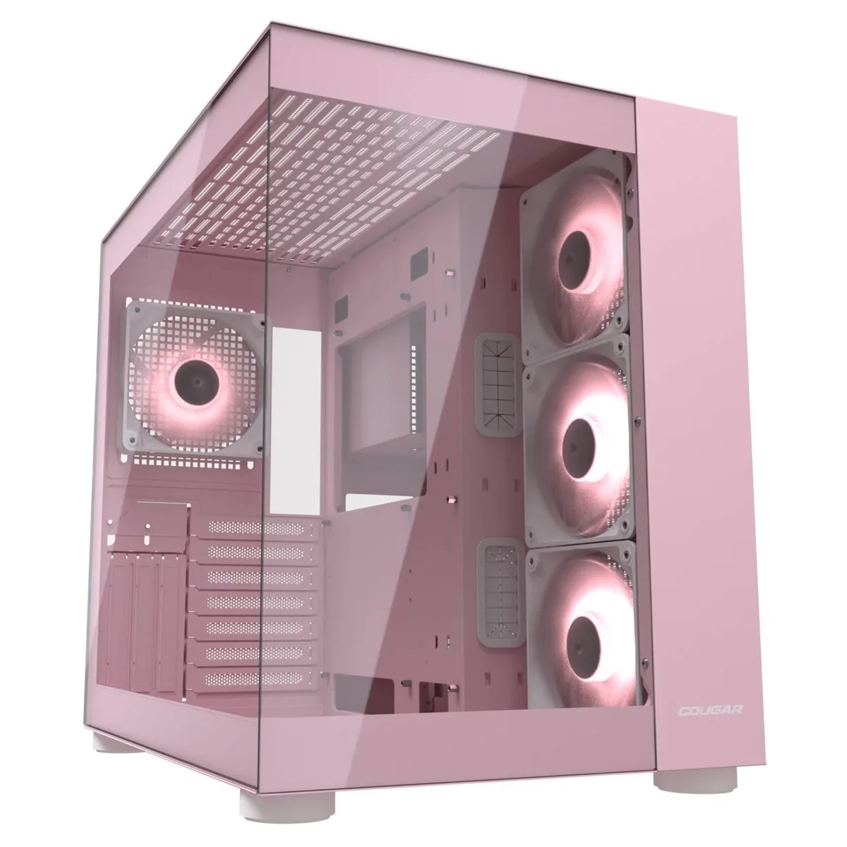 Pink mid-tower PC case with tempered glass side panel and ARGB lighting