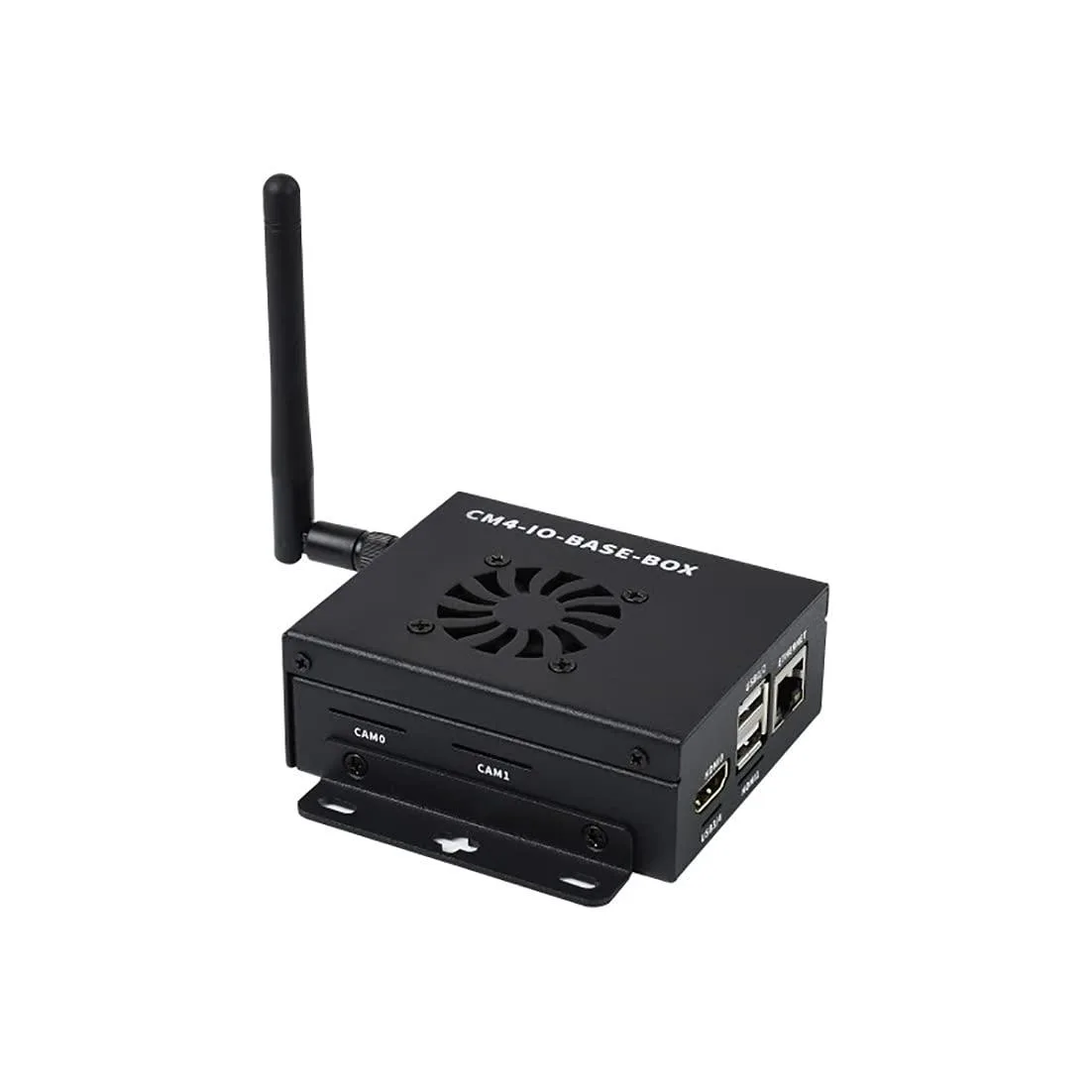 Metal enclosure with cooling fan and labelled port cut-outs for Raspberry Pi CM4 Lite board