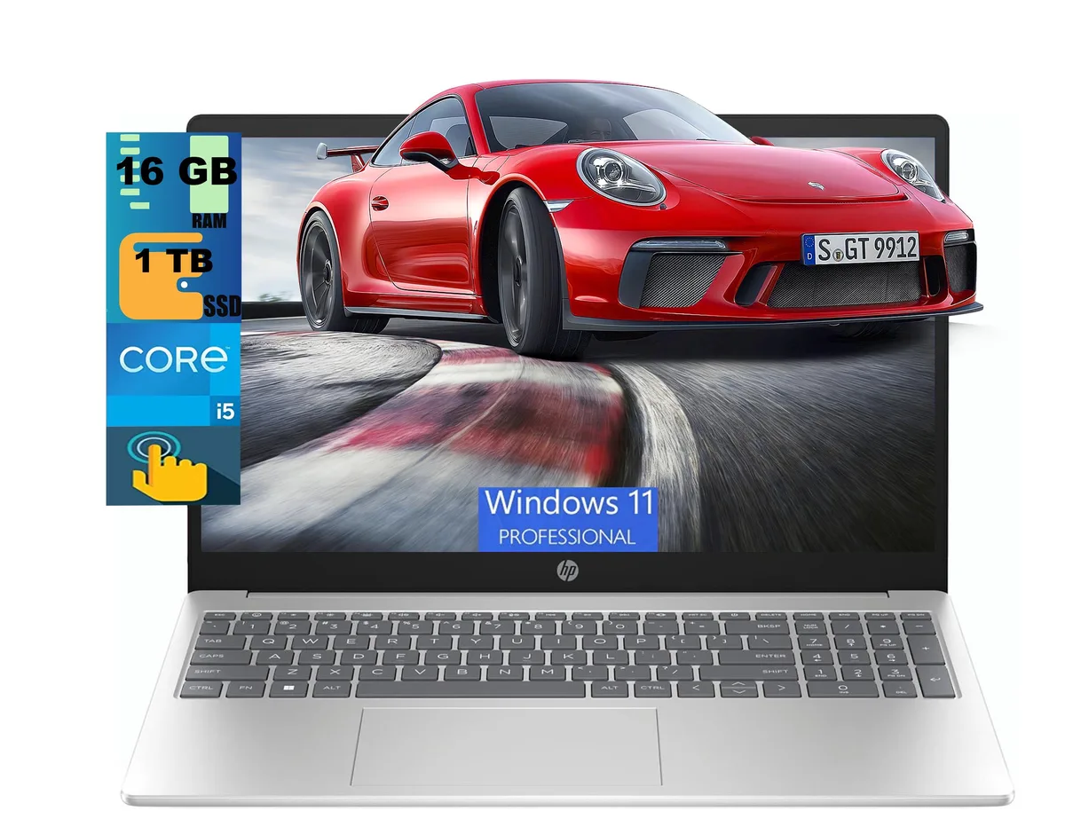 Silver 15.6-inch clamshell laptop with touchscreen display