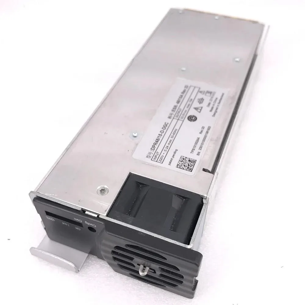 Rectangular silver metal power supply module with label