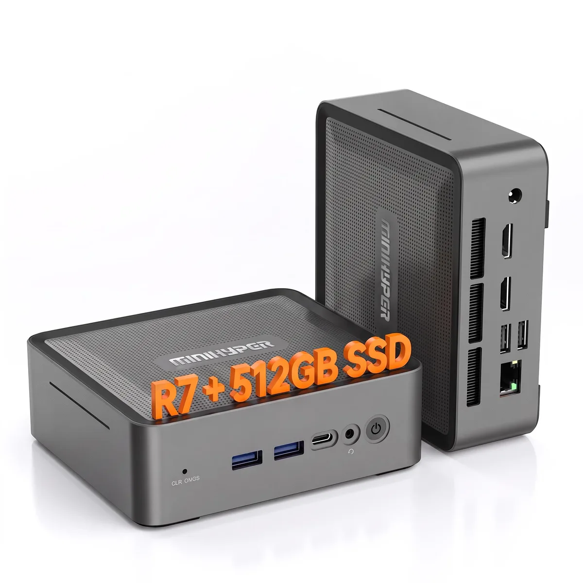 Small black square mini PC with front ports
