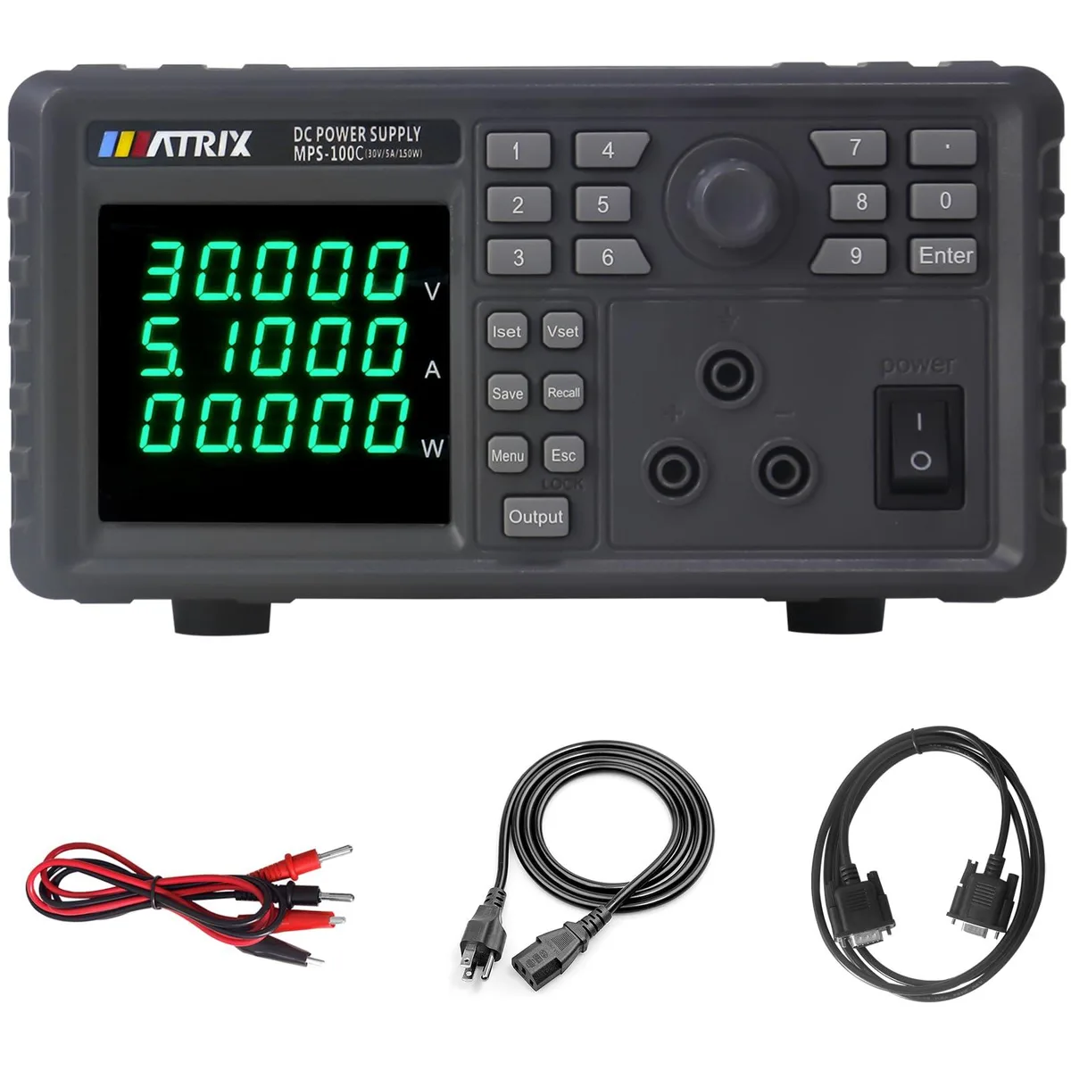 Rectangular bench power supply, grey metal casing, front panel with LED display, rotary knob and keypad, binding-post terminals