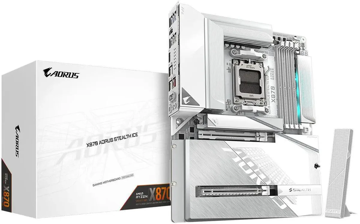White ATX motherboard with silver heatsinks and rear I/O shield