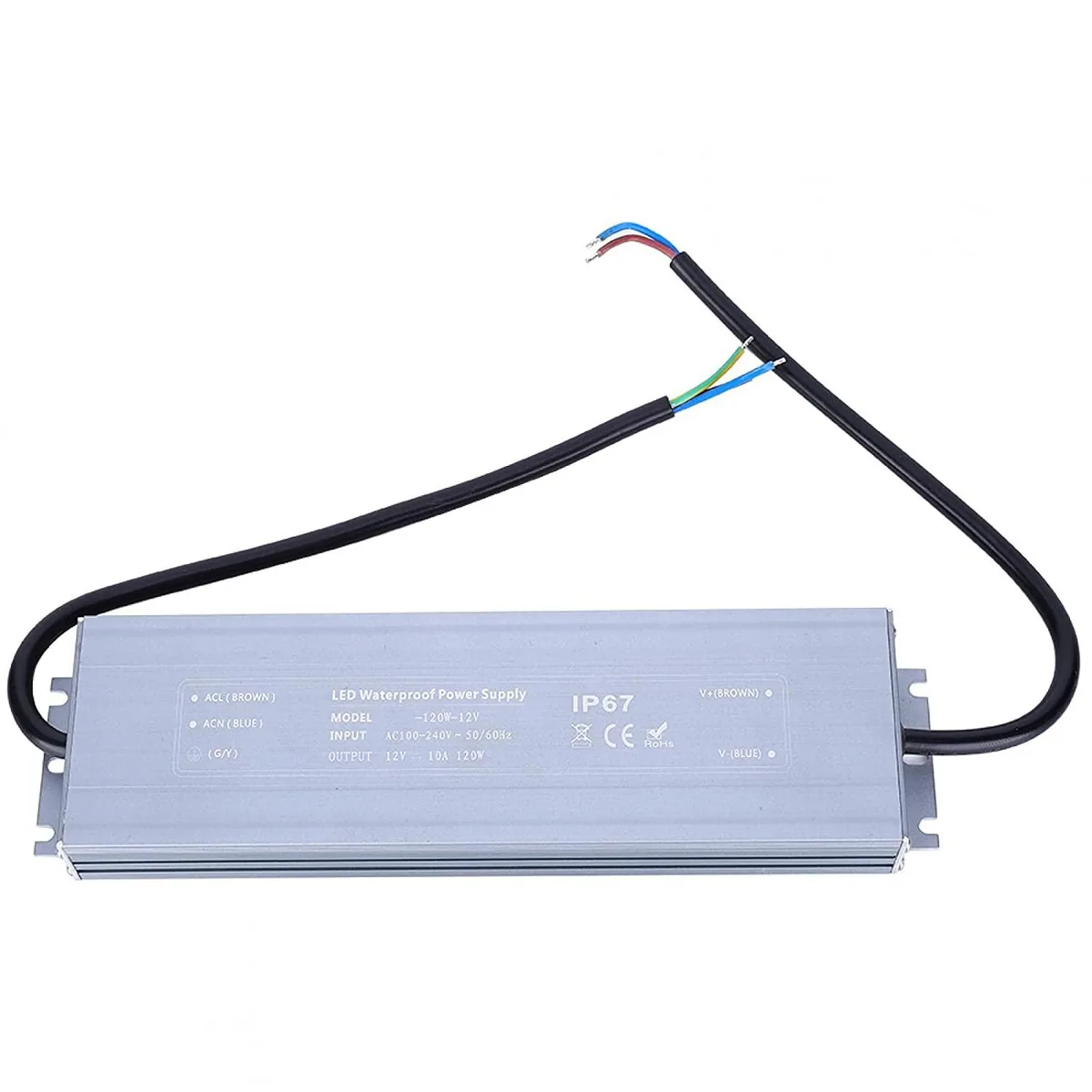 Rectangular silver metal power supply unit with anodized finish and IP67 rating