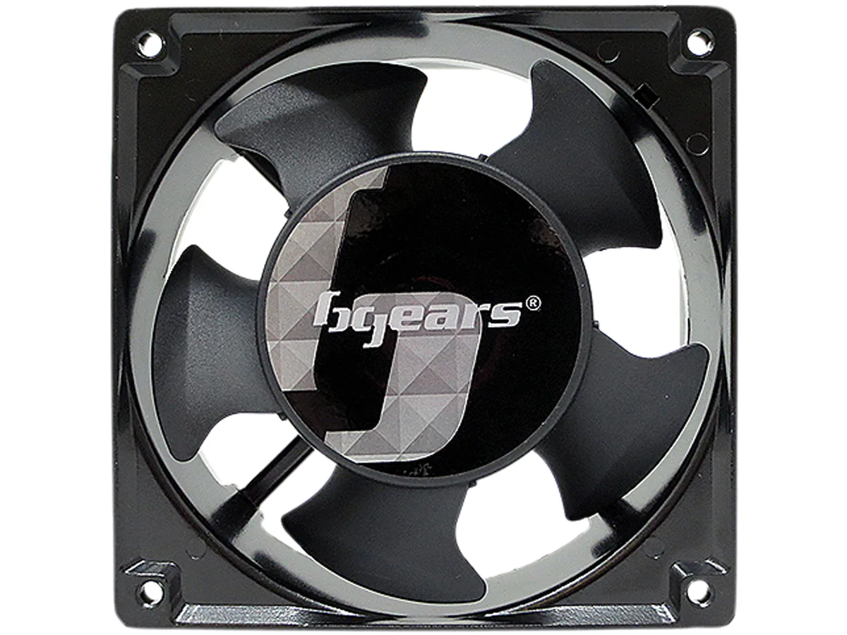 Square black metal fan with thick frame and two wire guards