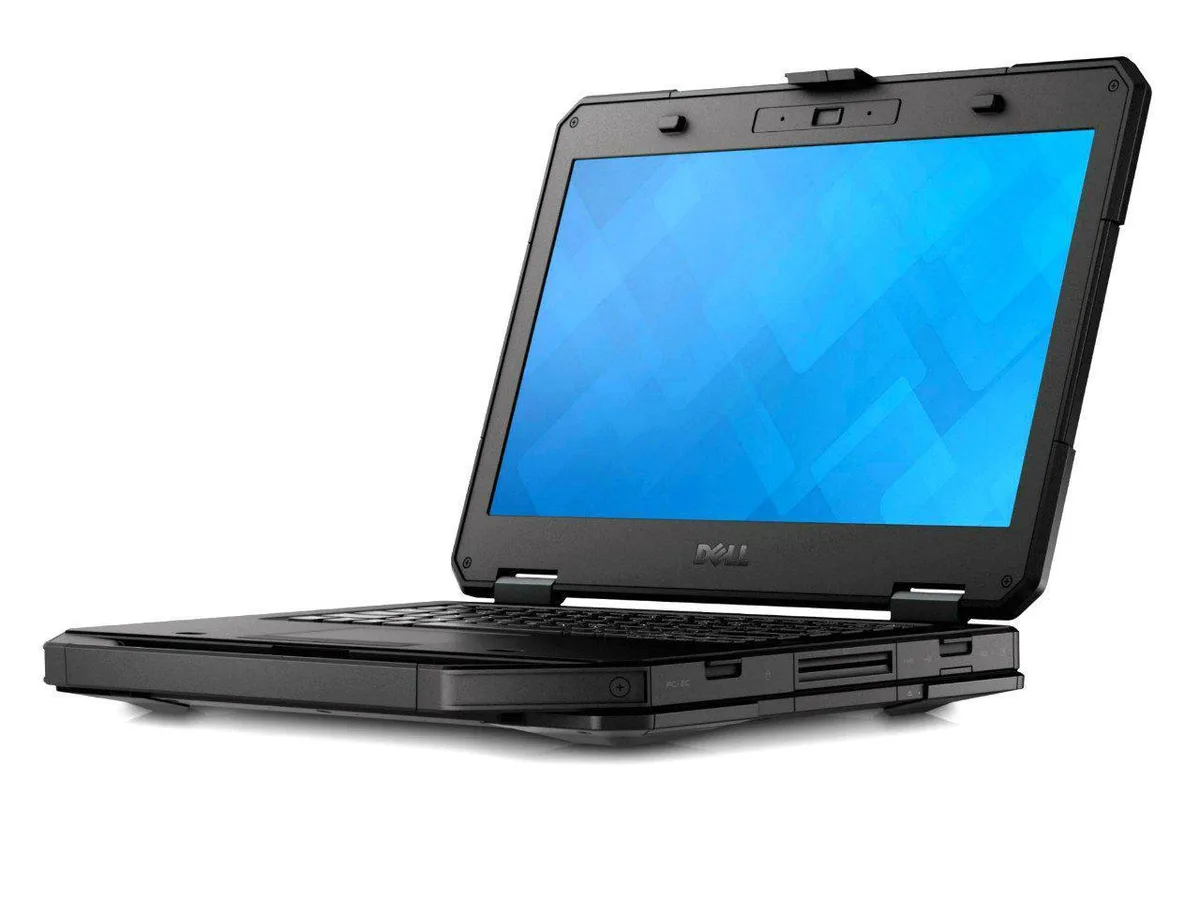 Thick matte grey rugged laptop with reinforced corners and handle, 14 inch non-touch screen, backlit keyboard visible
