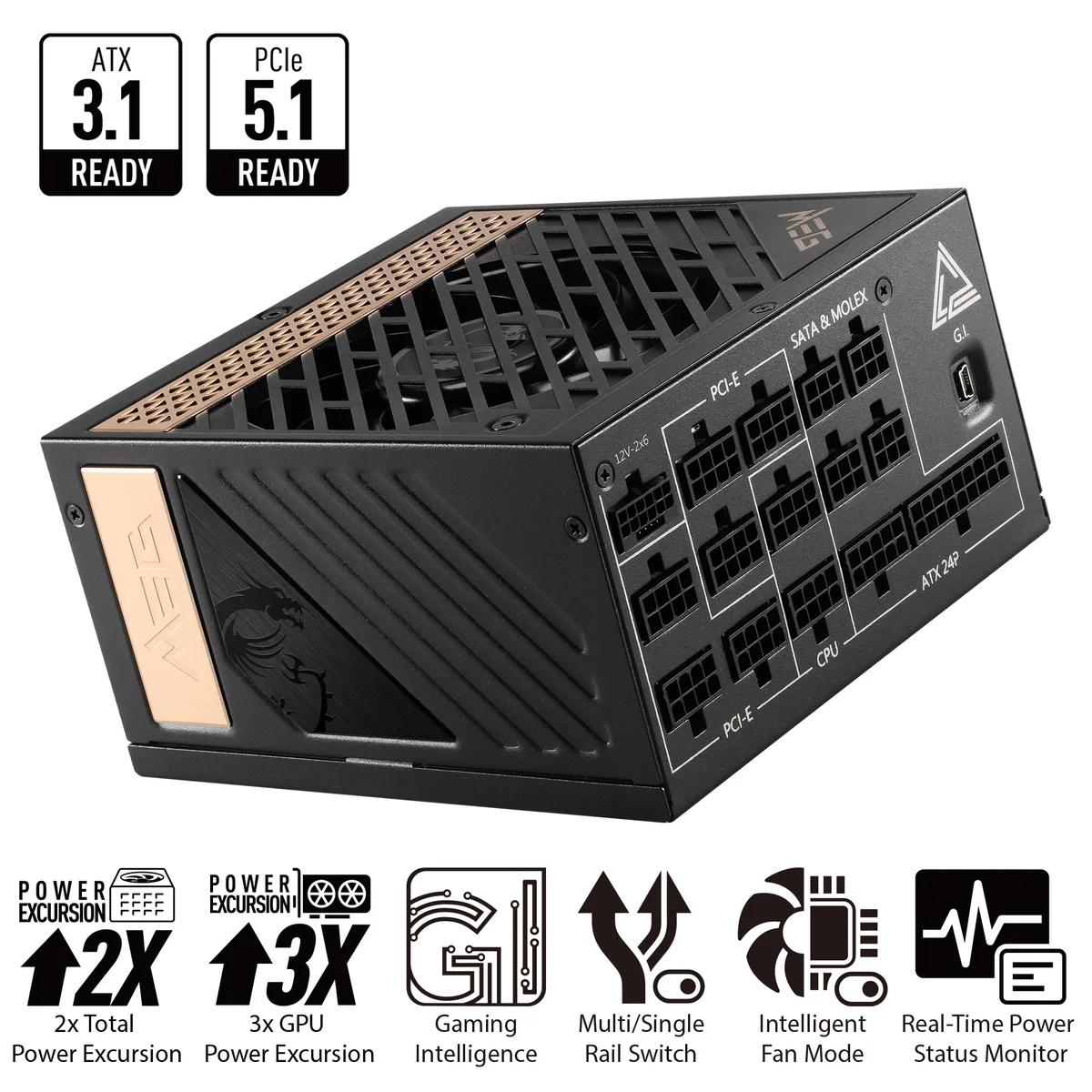 Rectangular black ATX power supply, 150 mm long, fully modular with sleeved cables and native 12V-2x6 connector