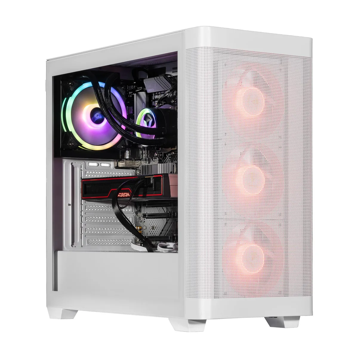 White mid-tower desktop with RGB fans and AIO cooler