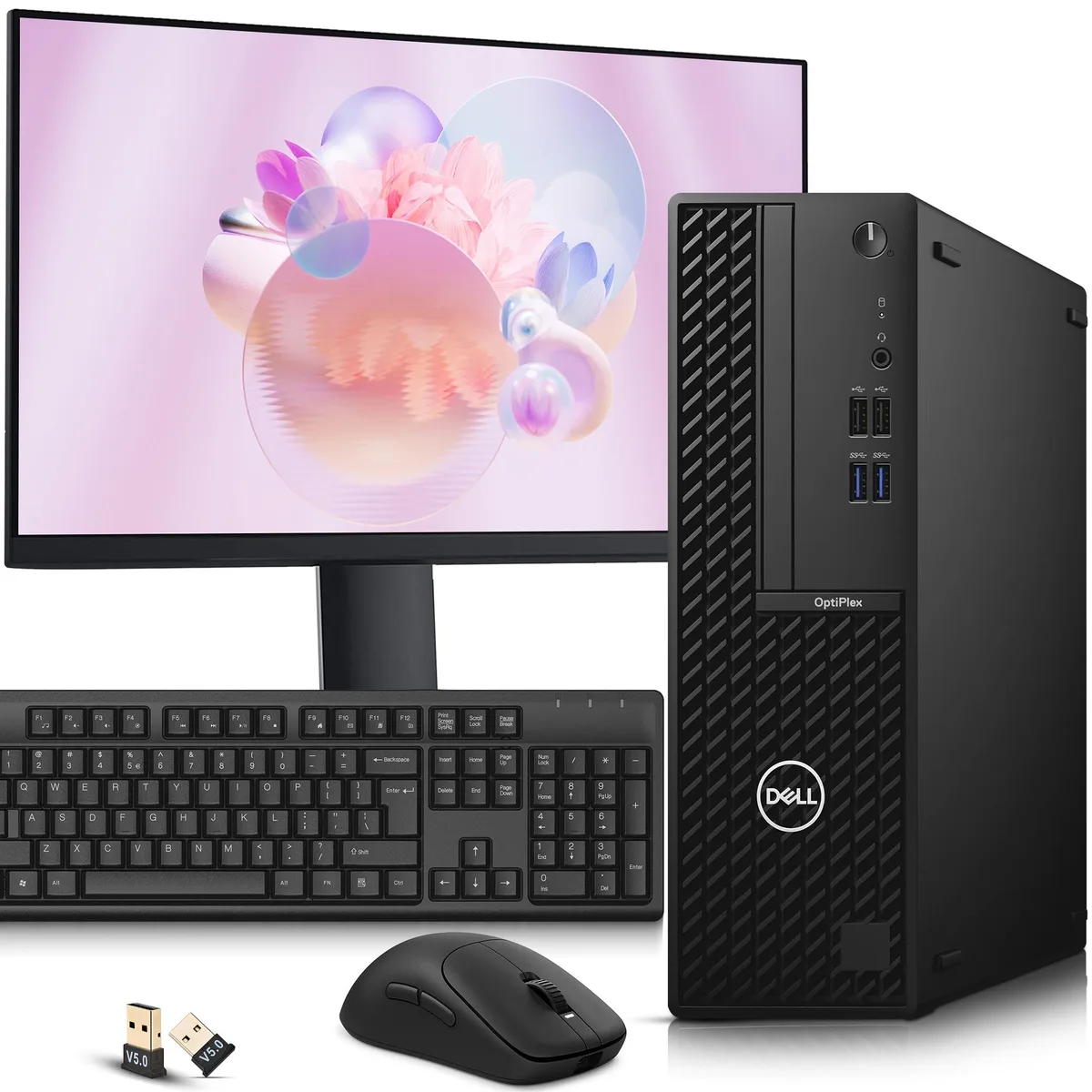Small Dell OptiPlex 3080 tower with 24 inch monitor, keyboard and mouse