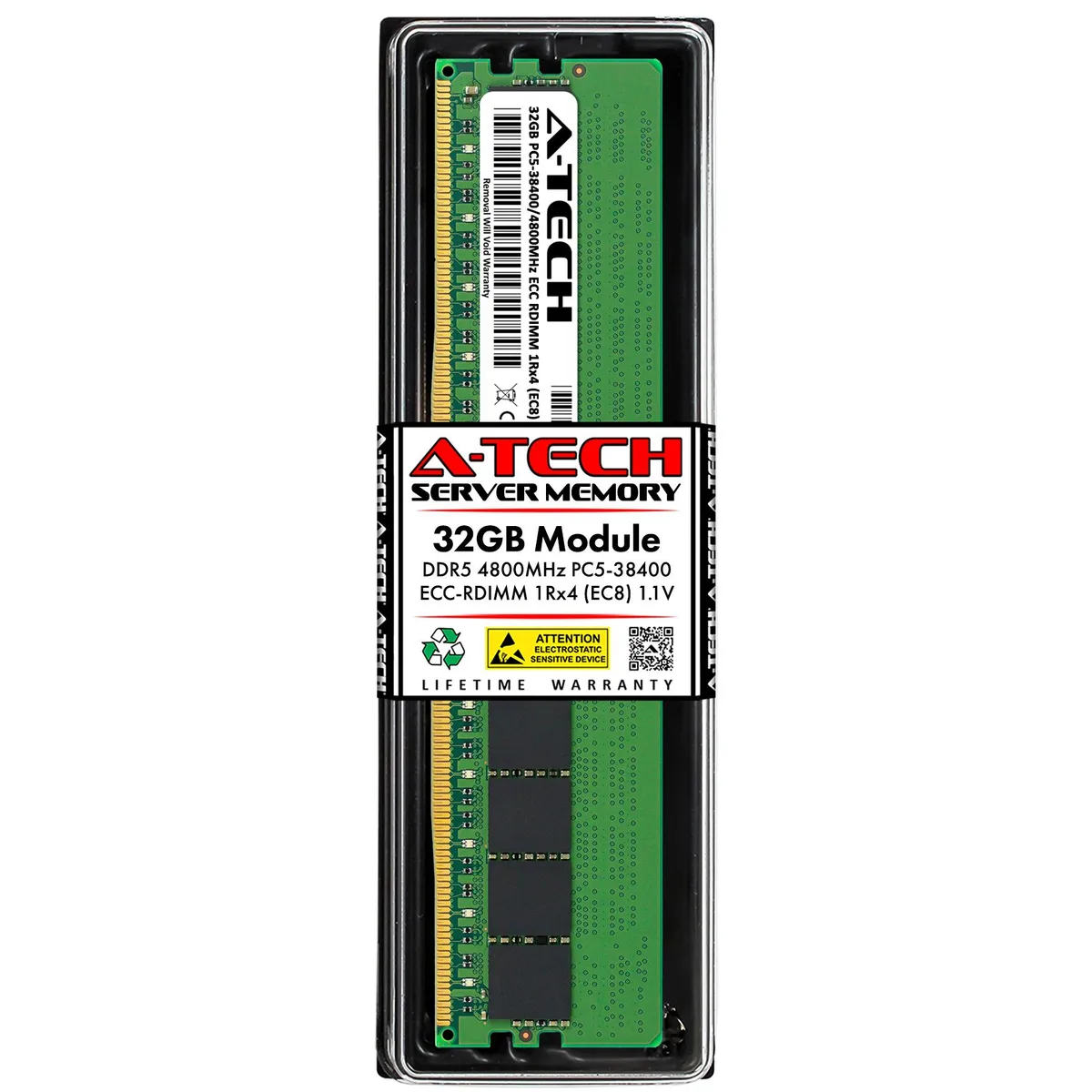 Green 288-pin DDR5 RDIMM module, no heat spreader, black chips visible