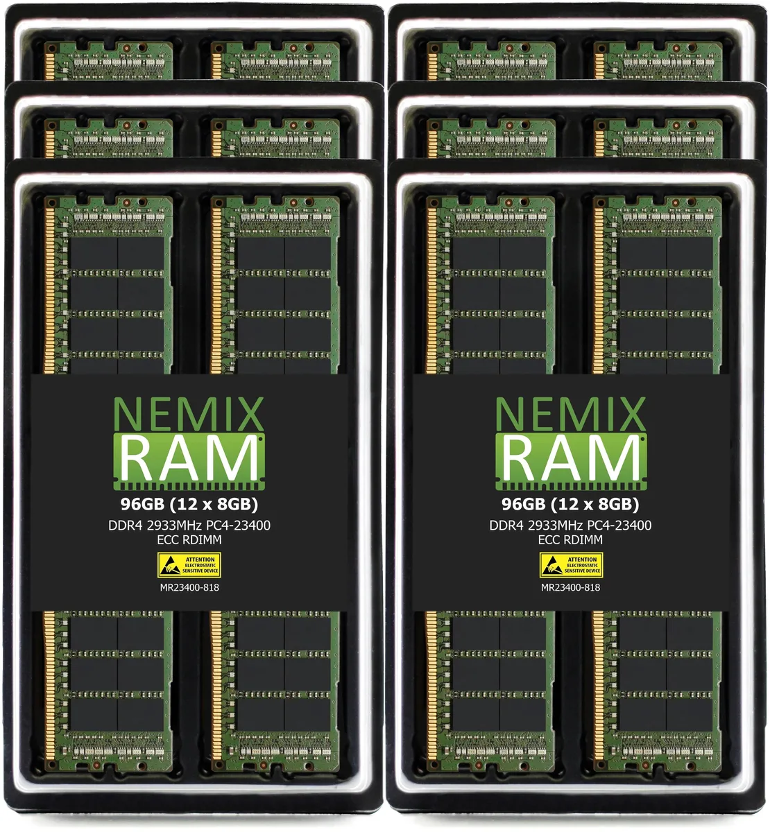 Twelve green DDR4 RDIMM modules in a row