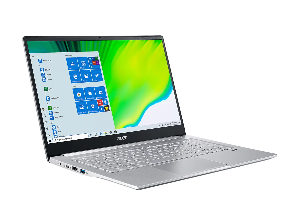 Silver 14 inch laptop with narrow bezels and fingerprint reader