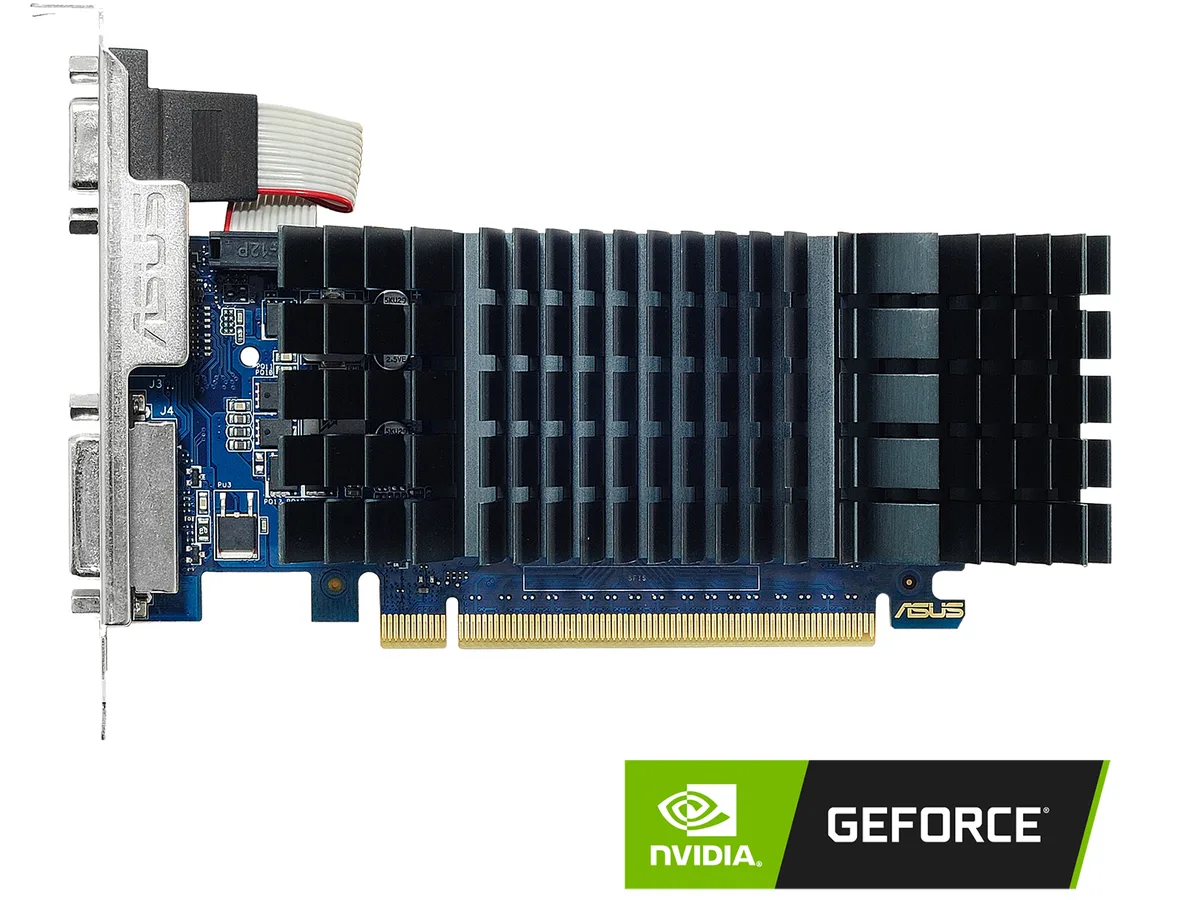 Low-profile graphics card with passive cooler, DVI, HDMI and VGA ports