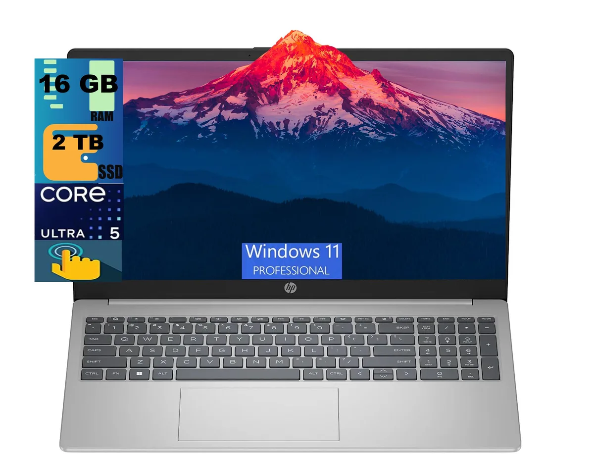 Silver 15.6 inch touchscreen laptop, slim profile, backlit keyboard absent