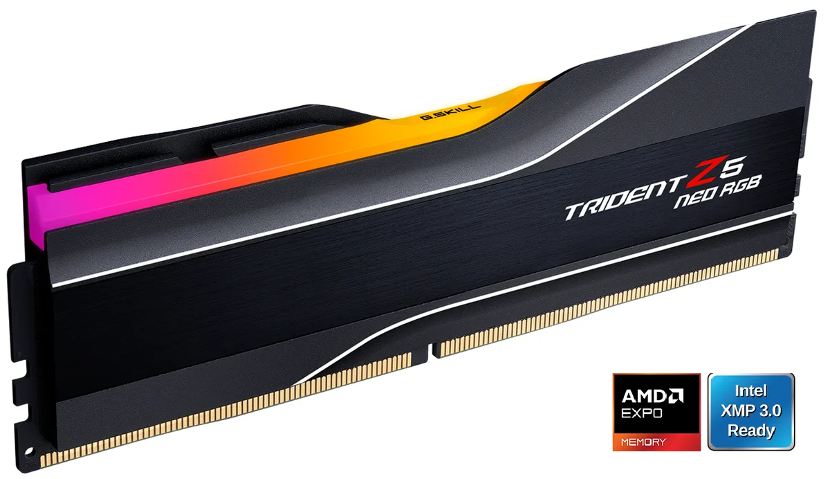 Two black DDR5 modules with tall finned heatspreaders and RGB light bars
