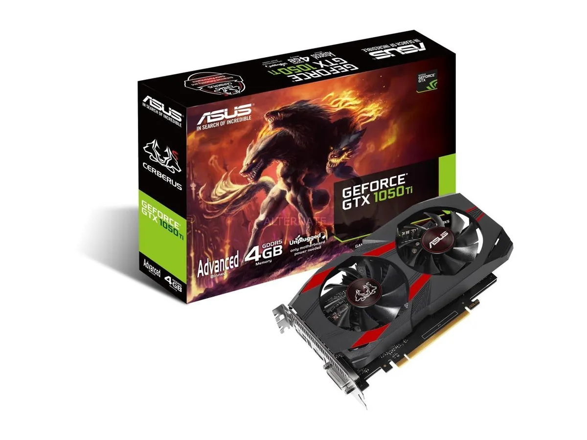 ASUS Cerberus GTX 1050 Ti dual-fan graphics card with metal backplate