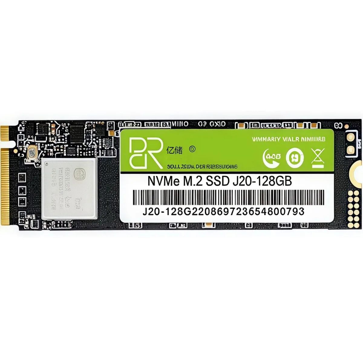 Green M.2 NVMe SSD circuit board with gold edge connector and black components