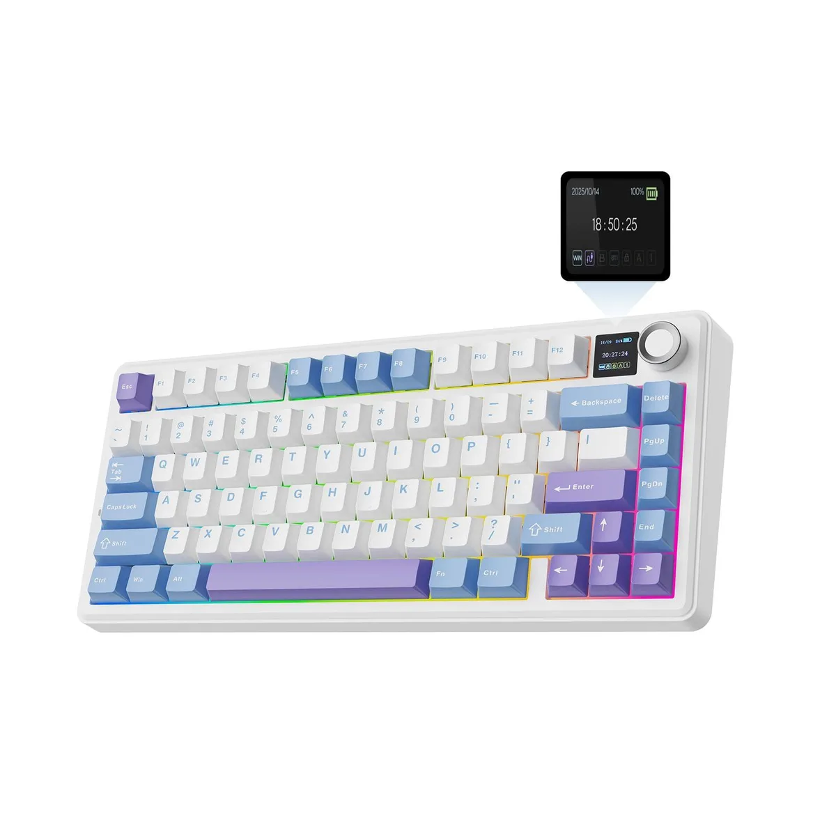Compact 75% wireless keyboard in blue white purple with TFT screen and knob PBT keycaps 80 keys gasket mount 0.96kg