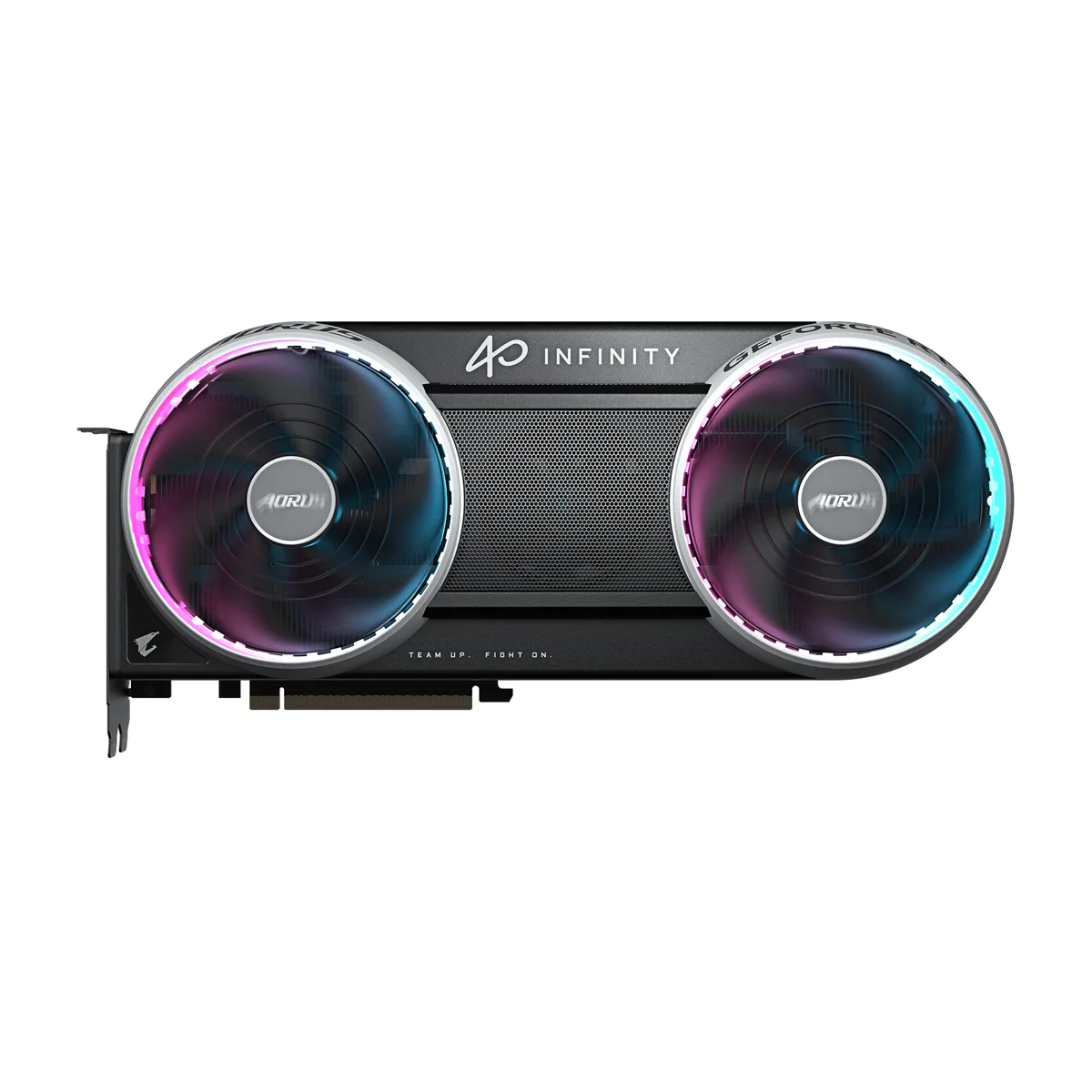 Black ATX graphics card with two fans and a silver backplate, 330 mm long