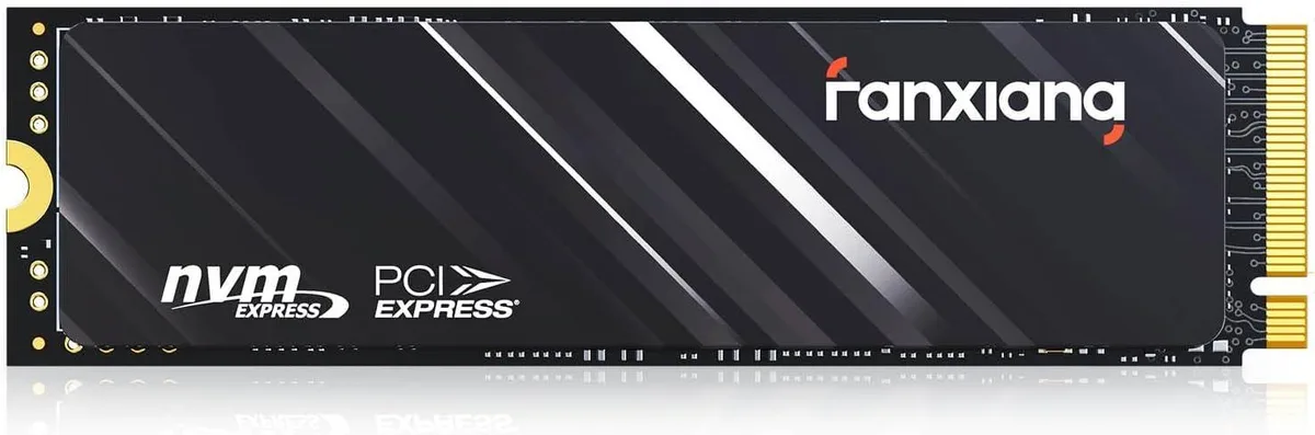 Green circuit board M.2 2280 SSD with gold edge connector and black controller chips
