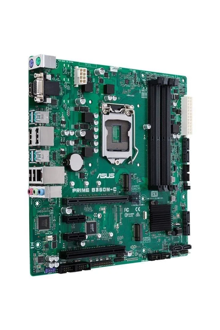 Green MicroATX motherboard with black slots and silver heatsink