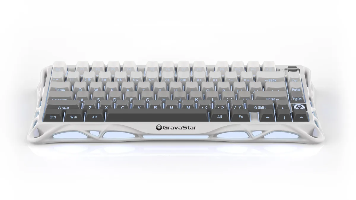 Gradient White 75% mechanical keyboard with aluminium frame, PBT keycaps and rotary knob