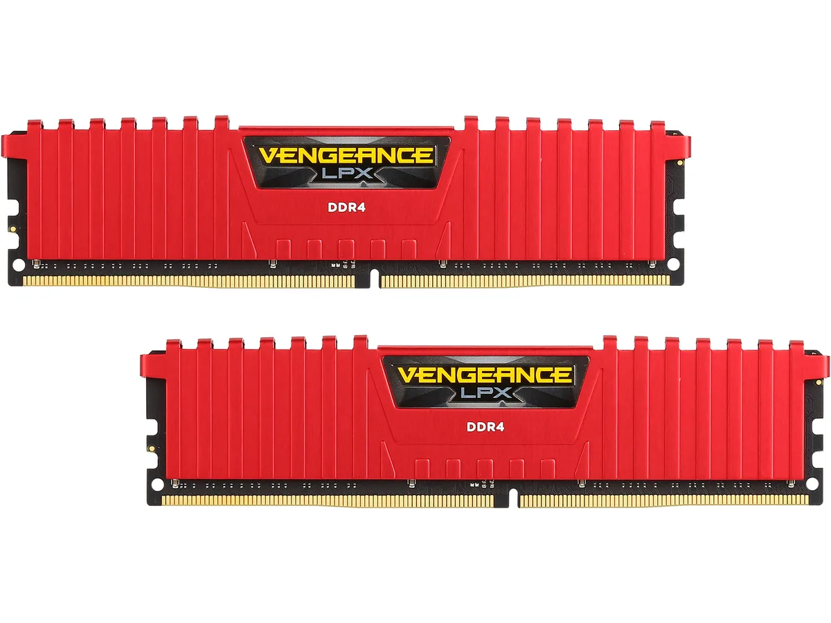 Two red low-profile DDR4 modules with anodized aluminium heatspreaders