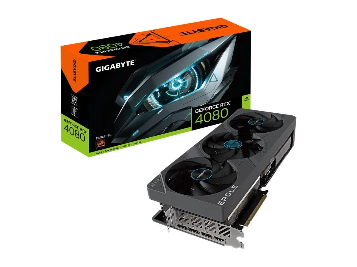 Gigabyte Eagle OC RTX 4080 triple-fan graphics card in silver and black