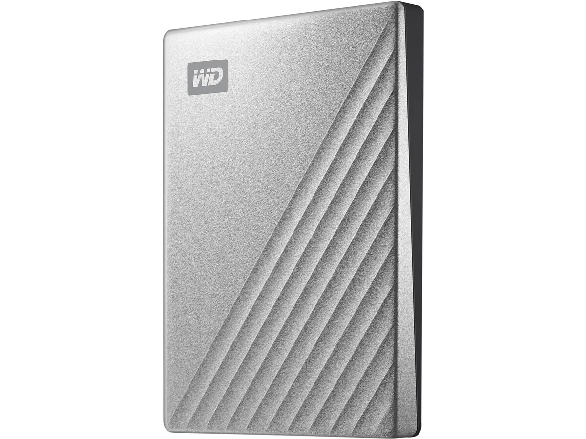 Silver rectangular portable hard drive with rounded edges and metal finish, USB-C cable attached