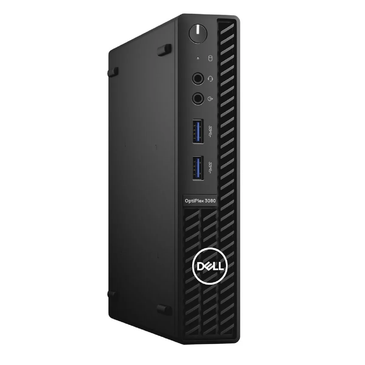 Compact silver micro desktop tower with front power button and ventilation slots
