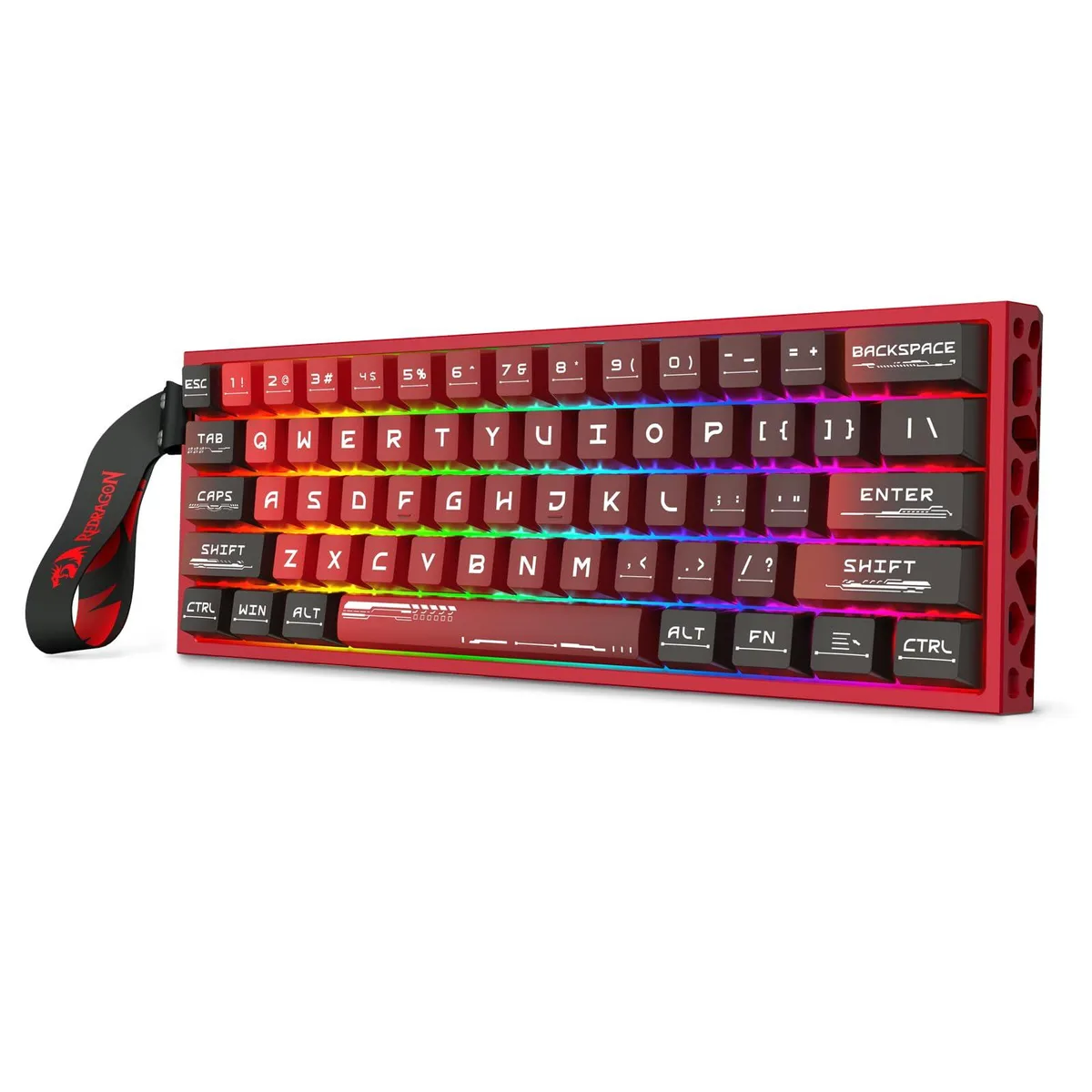 Compact 60% wired keyboard with black keys and a red hollow aluminium base