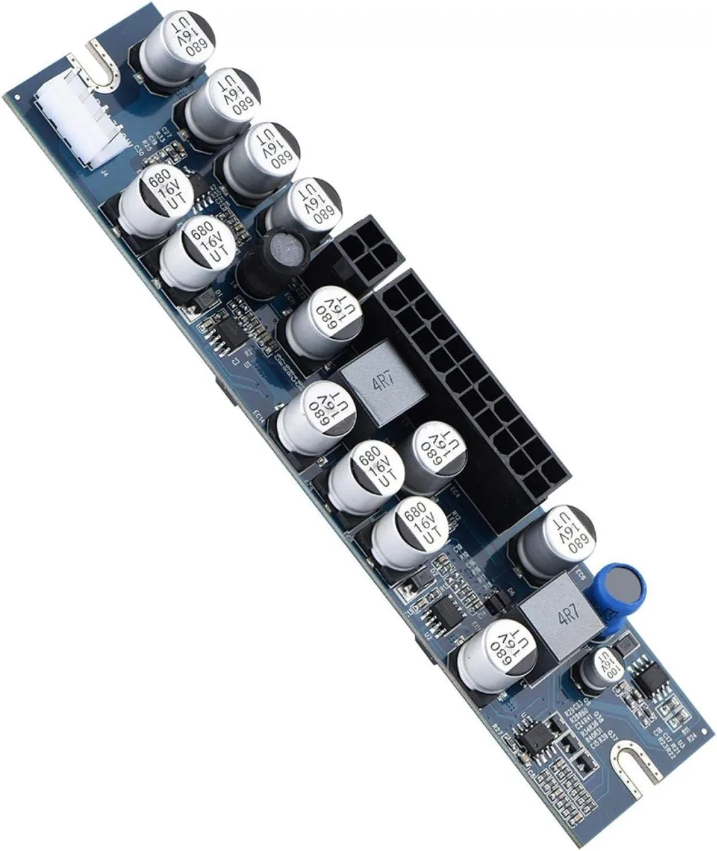 Compact green PCB power module with 24-pin ATX connector and DC input cables
