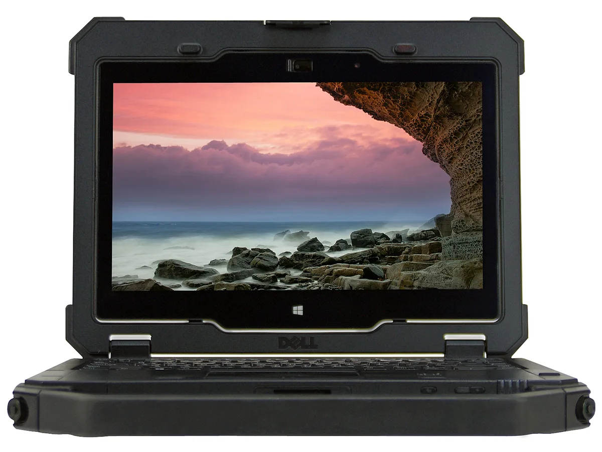 Compact rugged laptop with matte dark chassis and 11.6 inch touchscreen display