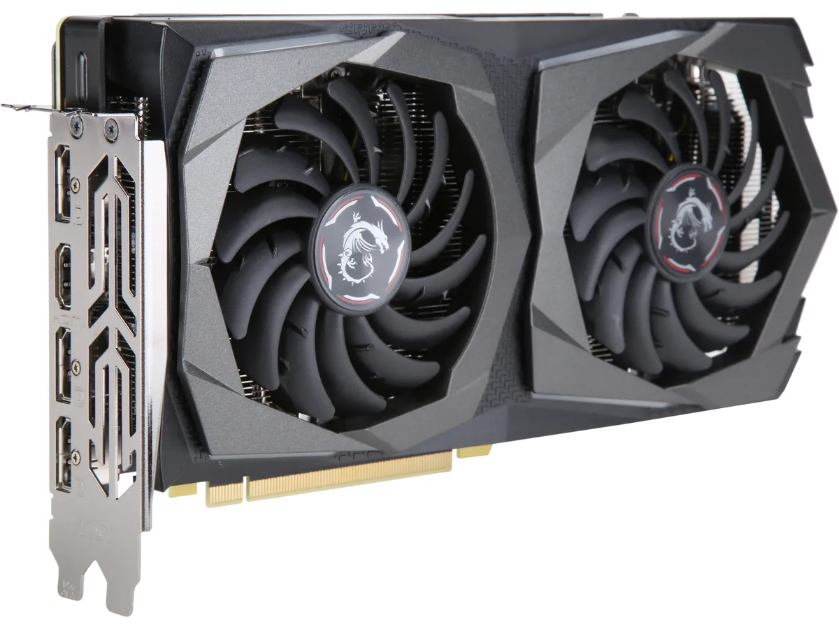 Black and gunmetal grey dual-fan graphics card with RGB lighting