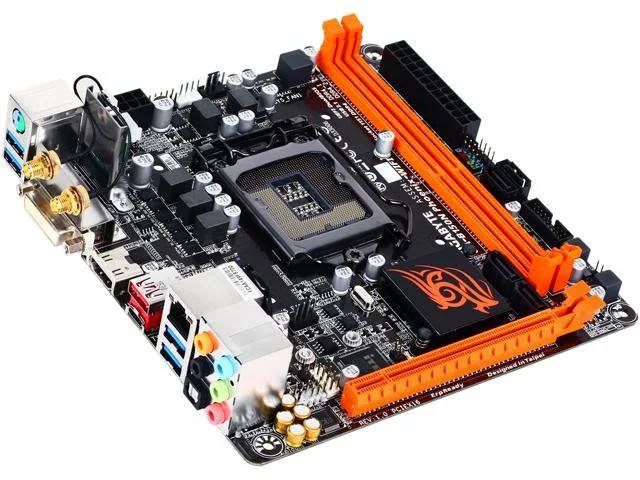 Compact Mini-ITX motherboard with black PCB and silver heatsinks