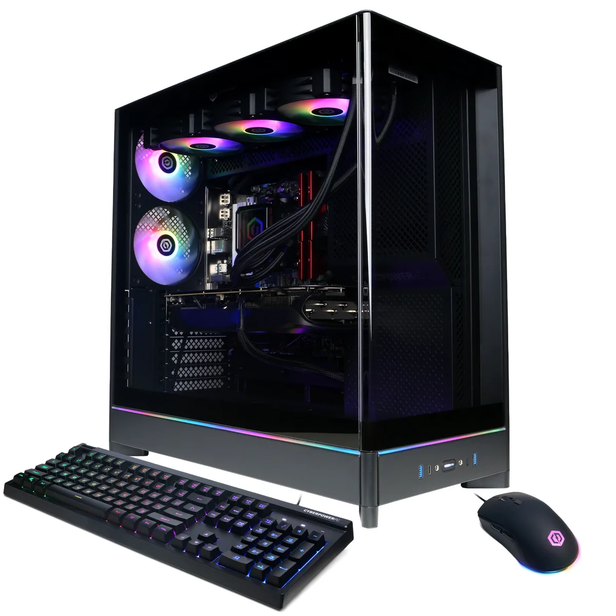 Black mid-tower gaming desktop with liquid cooling and RGB keyboard and mouse