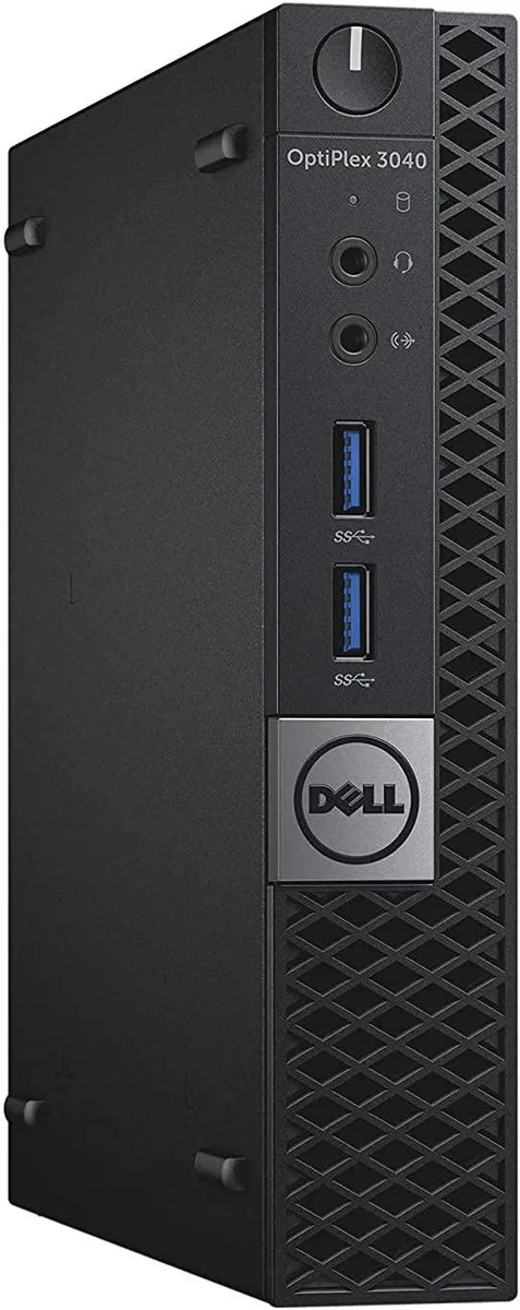 Small black rectangular desktop computer with front USB ports and power button