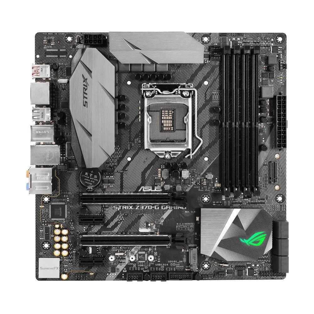 Black Micro ATX motherboard with silver heatsinks and red accents, LGA 1151 socket, DDR4 slots, SATA ports, I/O shield included