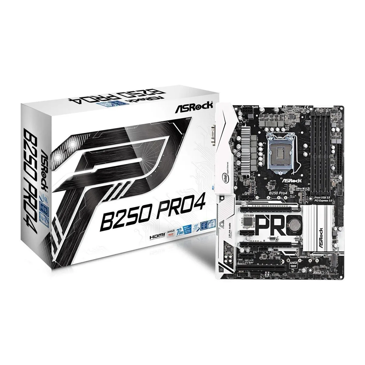 ATX motherboard with black PCB and silver heatsinks