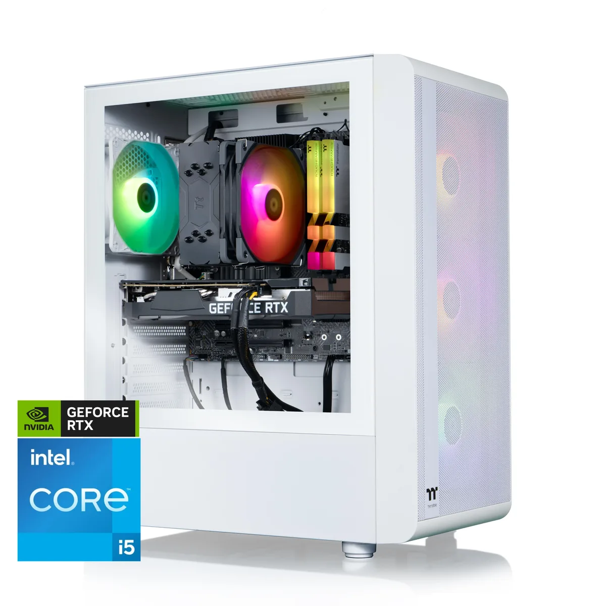 White compact gaming tower with mesh front panel and RGB memory visible inside
